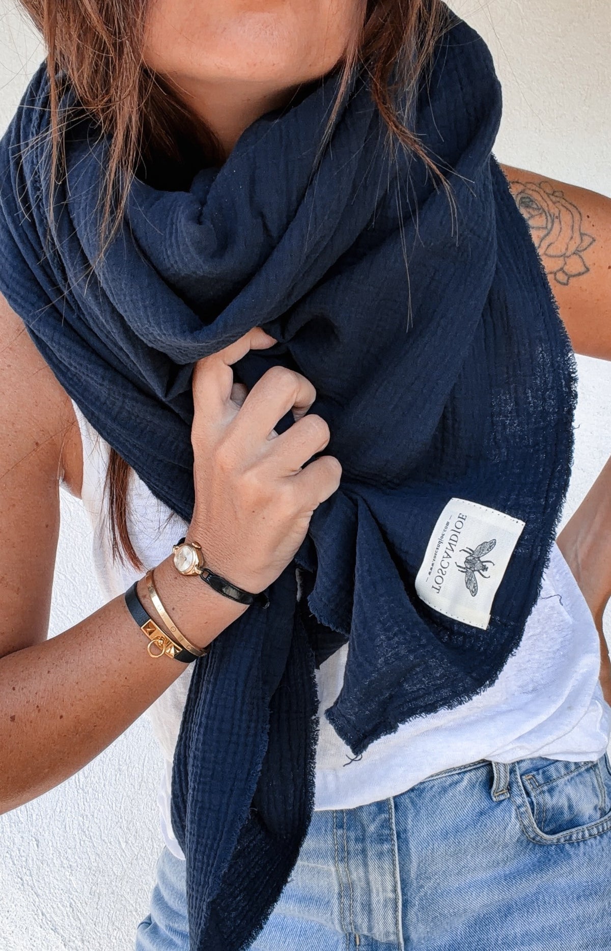Echarpe Plaid Gaze de Coton Marine