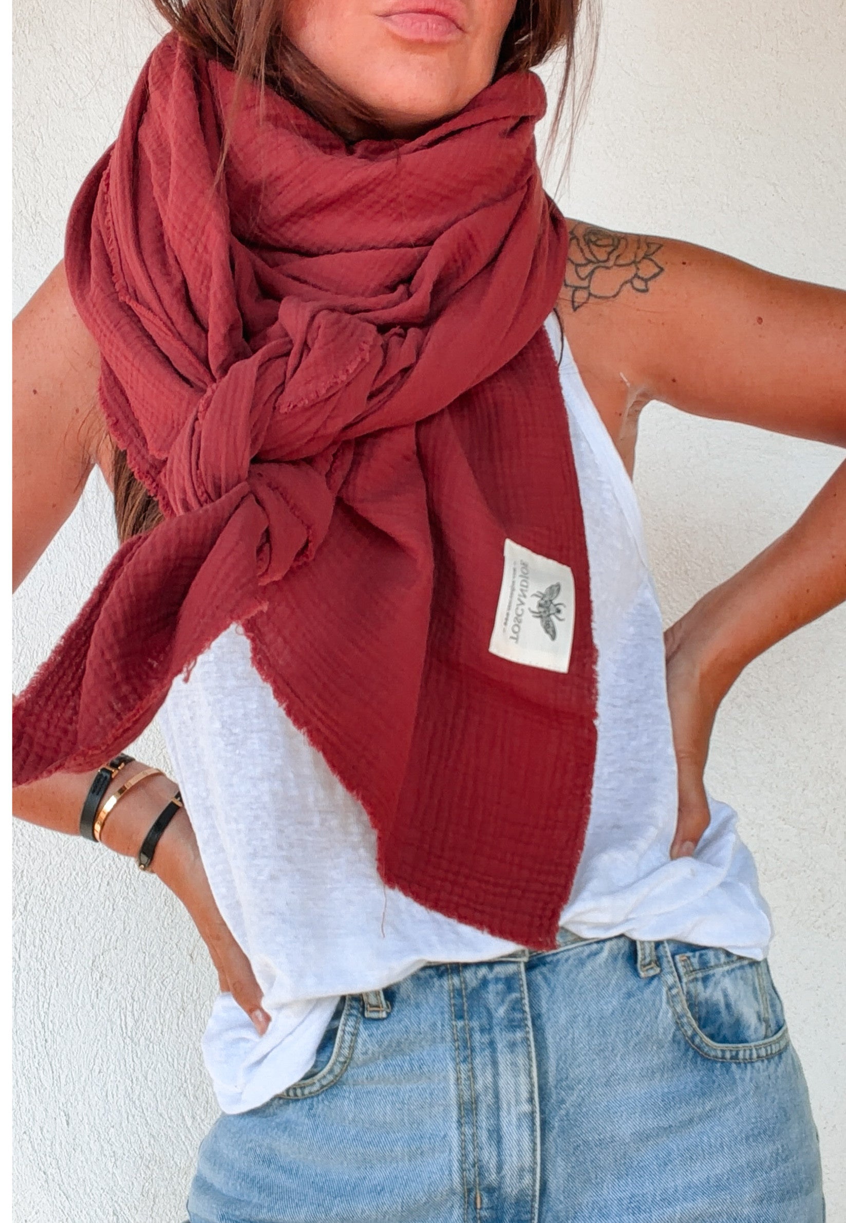 Echarpe Plaid Gaze de Coton Framboise