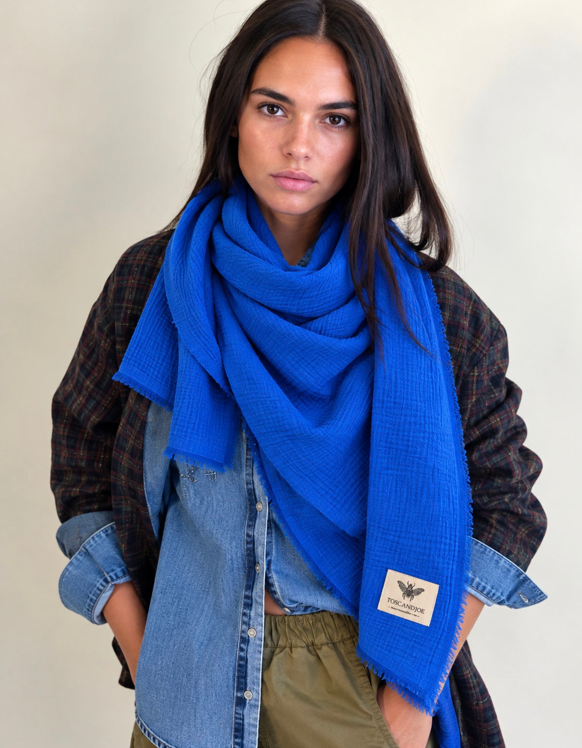 Echarpe Plaid Gaze de Coton Bleu Persan